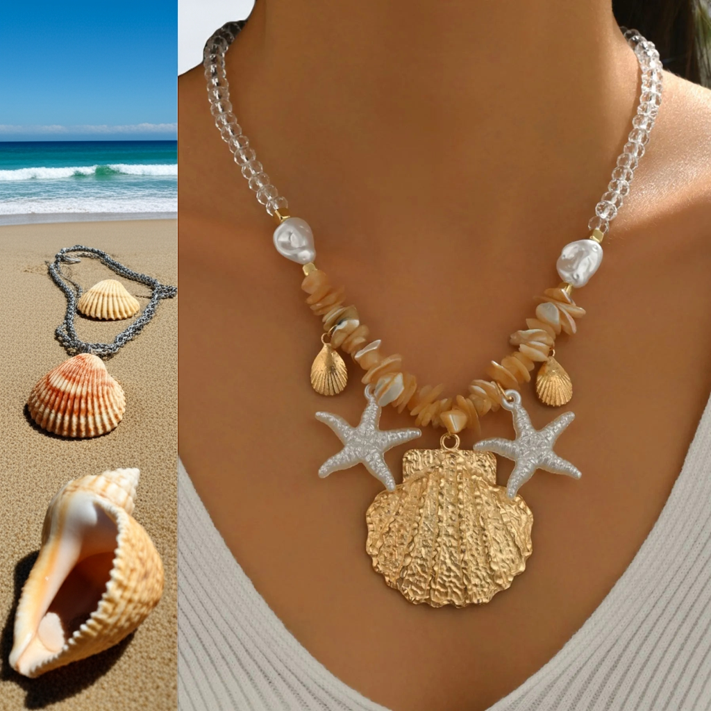 18K Gold-Plated Beach Shell Starfish Pendant Necklace